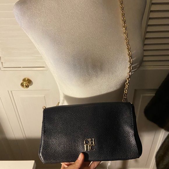 Carolina Herrera Handbags - Rare Carolina Herrera Dark Blue Leather Clutch with Gold Chain
